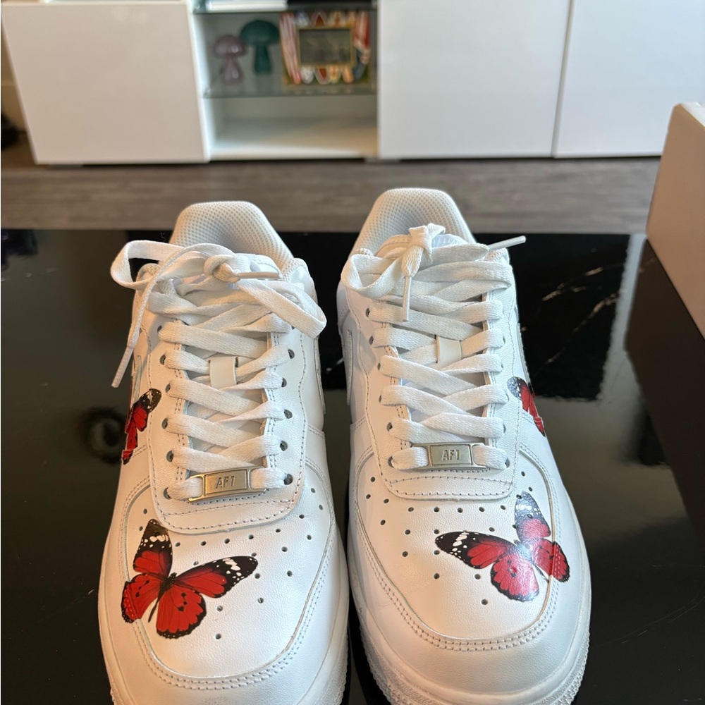 Nike White Sneakers with Red Butterfly Design